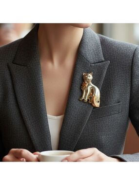 Vintage Gold Tone Cat Brooch Pendant Two-Tone Kitty Pin 3"